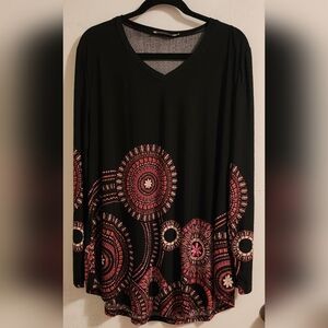 Baishenggt Women's Long-Sleeve Tunic Top Black With A Red Circular Floral. 2XL